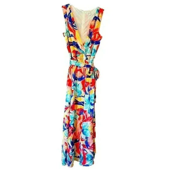 Tahari Maxi Dress Floral Print‎ Sleeveless Belted Casual Sundress - Picture 1 of 5